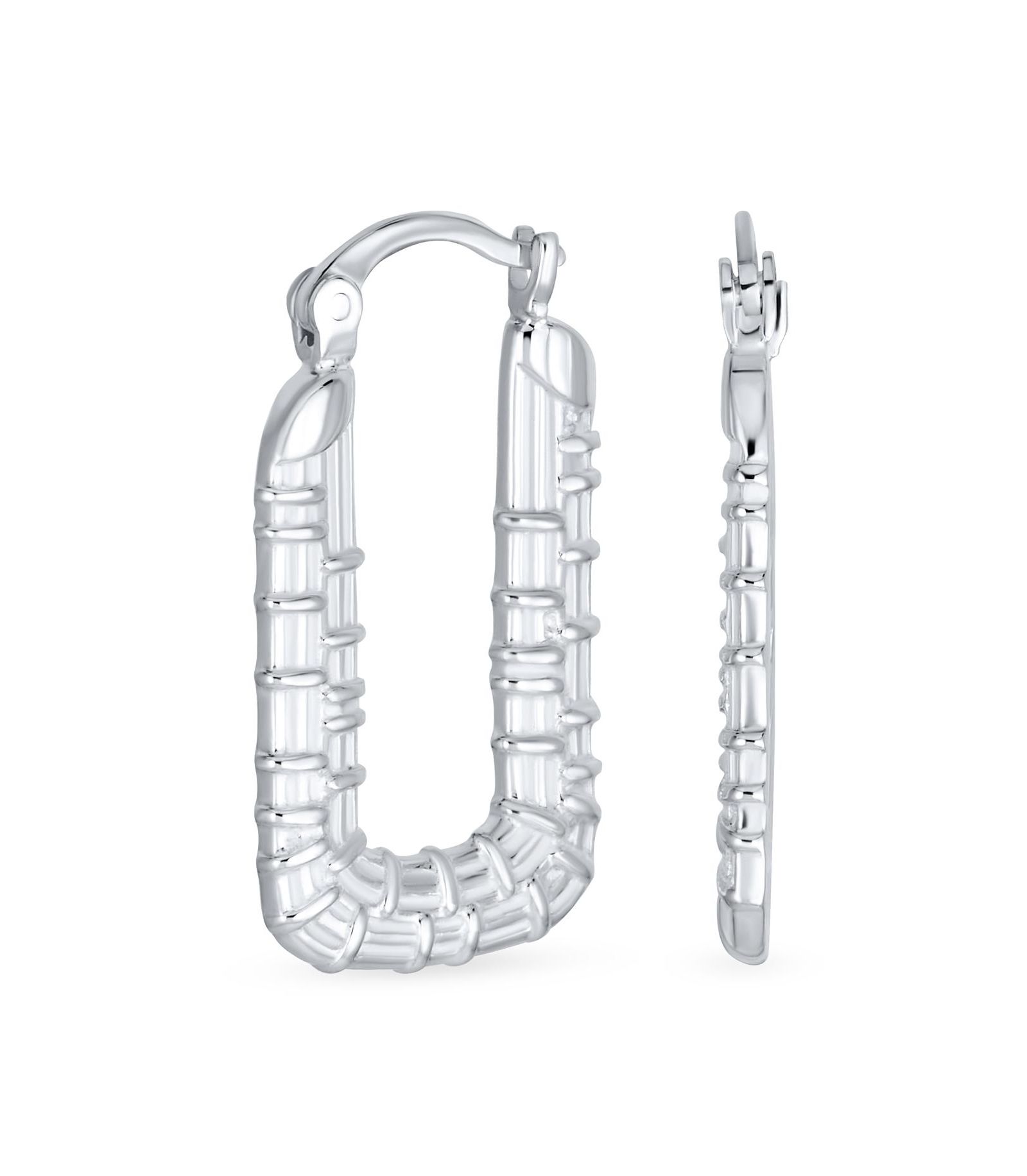 Серьги Bling Jewelry Lightweight Large Rectangle Texture Bamboo Hoop.925 Sterling Silver
