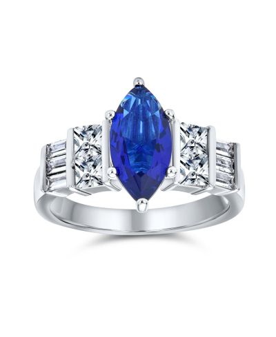 Bling Jewelry Art Deco Style 3CT Halo Blue CZ Marquee Cocktail Ring .925 Sterling Silver