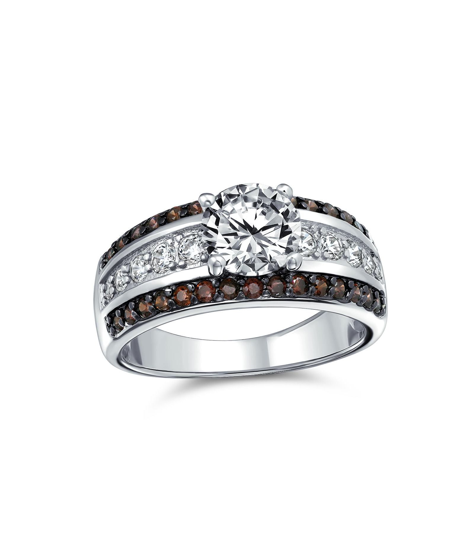 Bling Jewelry 3CT CZ Solitaire Engagement Ring 2-Tone Clear and Brown Band Silver Plated