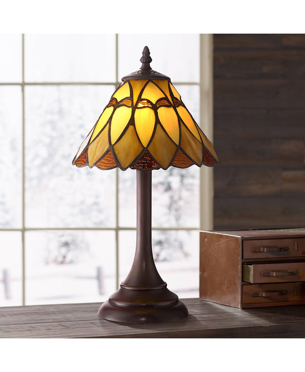 Robert Louis Tiffany Austin Mission Accent Table Lamp 14" High LED Warm Brown Amber Art Glass Shade for Bedroom Bedside Nightstand Office House Home