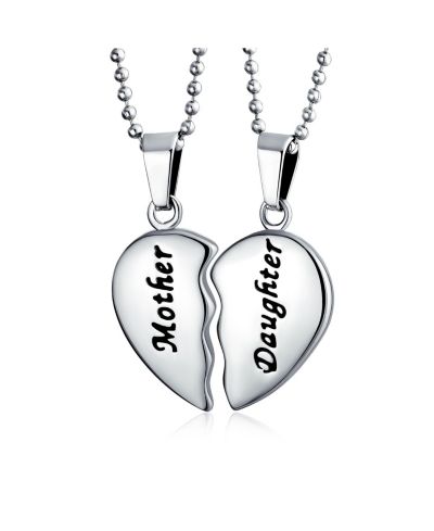 Bling Jewelry Mother Daughter 2 Pc Set Break Apart Heart Pendant Necklace Stainless Steel