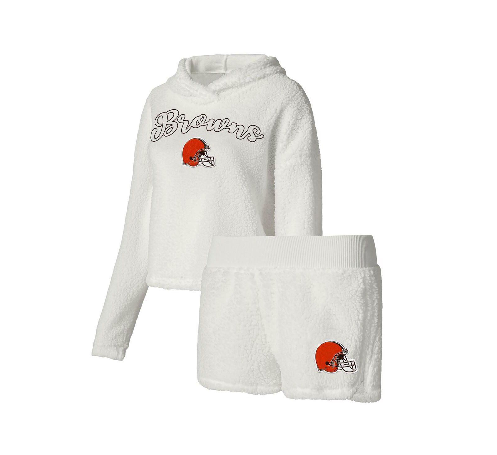 Женский комплект Concepts Sport White Cleveland Browns Fluffy Pullover Sweatshirt and Shorts Sleep Set