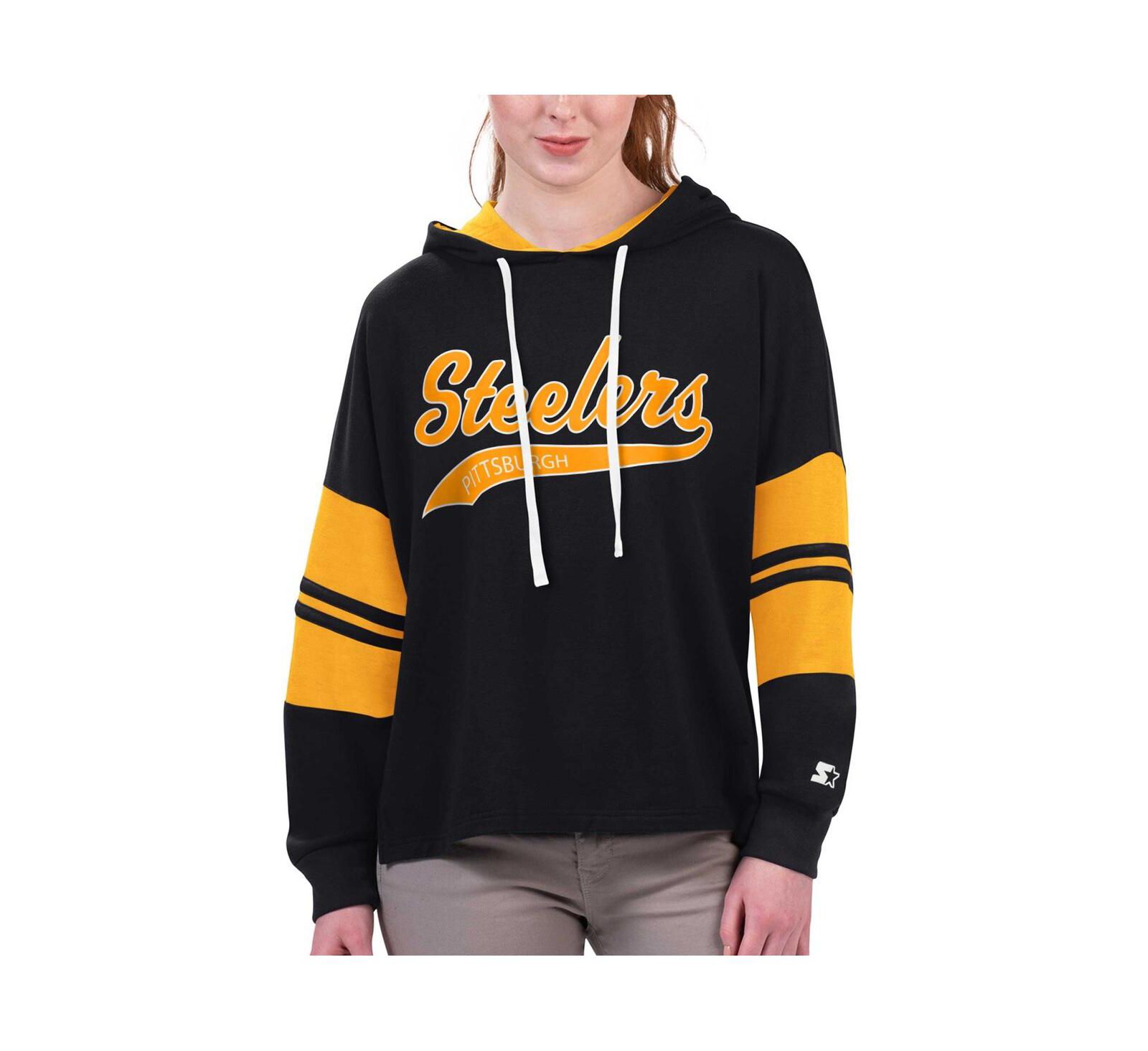 Women's Starter Black Pittsburgh Steelers Bump And Run Long Sleeve Hoodie T-shirt