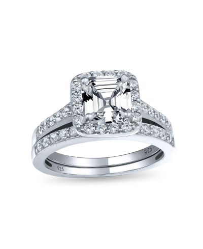 Bling Jewelry Deco Style 2CT CZ Asscher Cut Halo Engagement Ring Band Set Sterling Silver