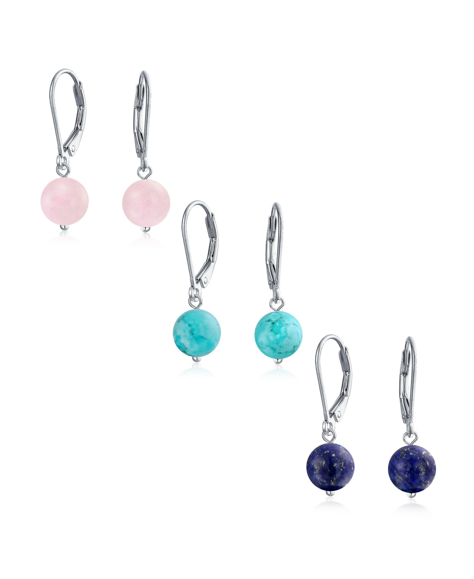 Bling Jewelry Multi-Color Gemstone Ball Drop Earrings Sterling Silver 3-Piece Set