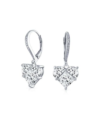 Bling Jewelry Romantic Clear CZ Cubic Zirconia Heart Dangle Drop Earrings Sterling Silver