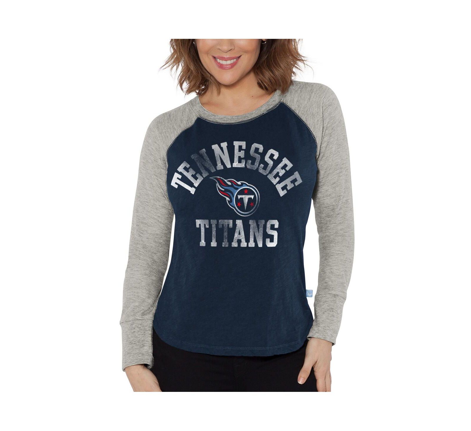 Women's G-III 4Her by Carl Banks Navy, Heather Gray Distressed Tennessee Titans Waffle Knit Raglan Long Sleeve T-shirt