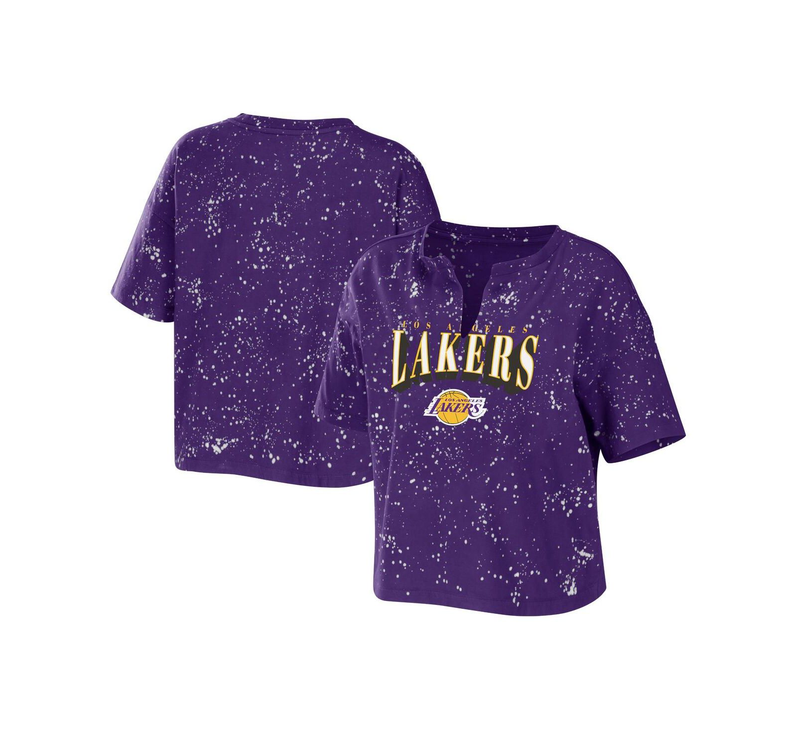 Women's WEAR by Erin Andrews Purple Los Angeles Lakers Bleach Splatter Notch Neck T-shirt