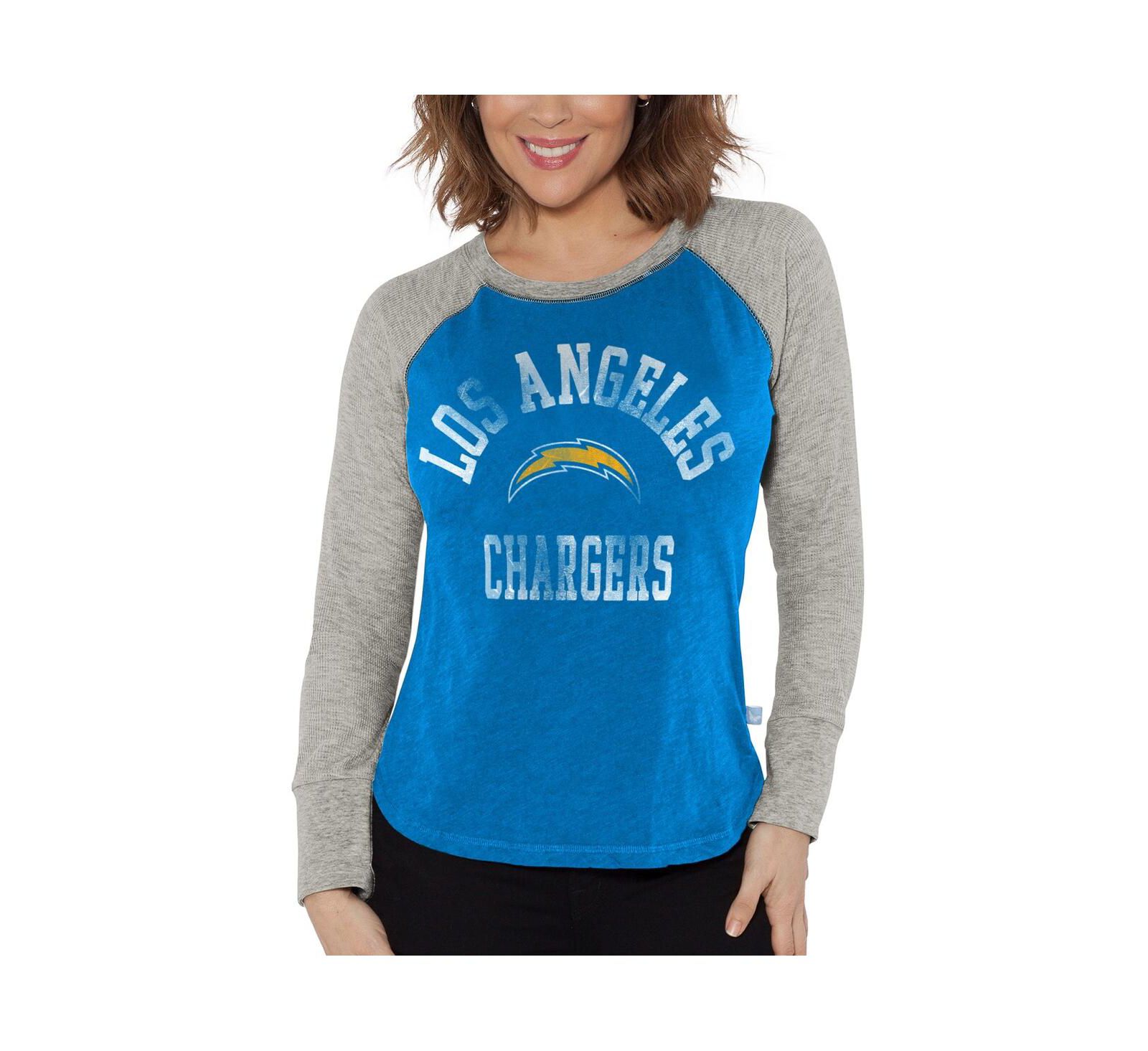 Women's G-III 4Her by Carl Banks Powder Blue, Heather Gray Distressed Los Angeles Chargers Waffle Knit Raglan Long Sleeve T-shirt