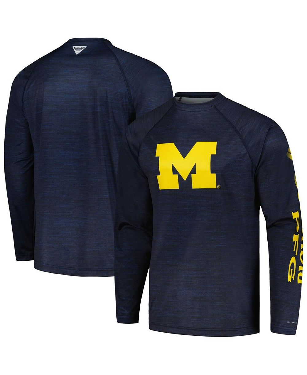 Men's Columbia Navy Michigan Wolverines PFG Terminal Tackle Omni-Shade Raglan Long Sleeve T-shirt