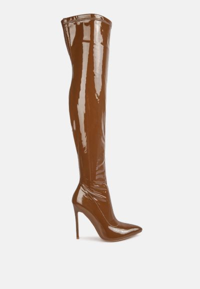 London Rag Womens Riggle Patent PU Long High Heel Boots Burgundy