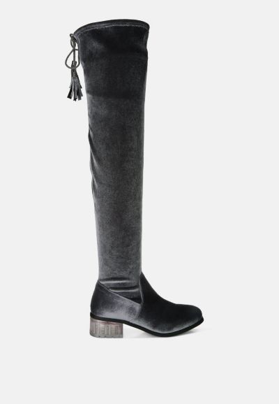 London Rag Women's Rumple Velvet Over The Knee Clear Heel Boots