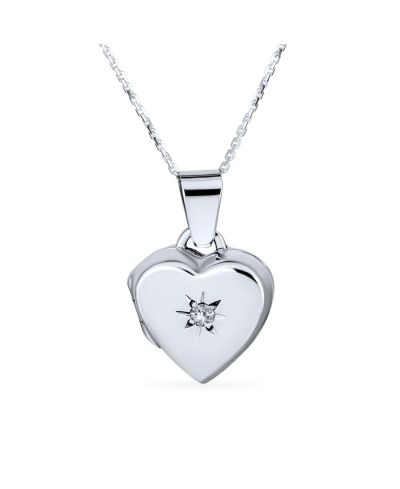 Bling Jewelry Vintage CZ Floral Heart Photo Locket Pendant Necklace .925 Sterling Silver