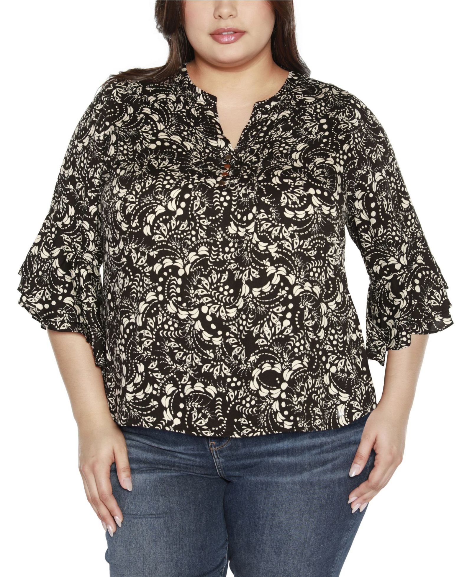 Женский топ Belldini Black Label Plus Size Printed Ruffle Sleeve