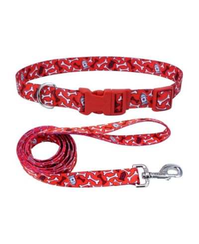 Coastal Pet Styles Dog Leash Set - Patterned Dog Leash (3/8" x 6') & Patterned Dog Collar (3/4" x 8"–12") - Red Bones