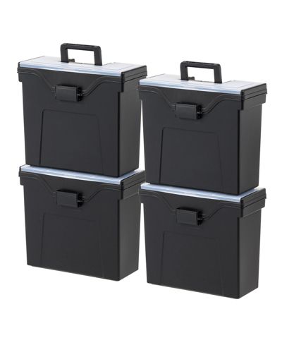 IRIS USA File Box Slim Portable File Organizer Plastic File Box for Letter File w/ Organizer-Lid, BPA-Free Plastic Storage Organizer with Secure Buckle and Handle, Black 4 Pack