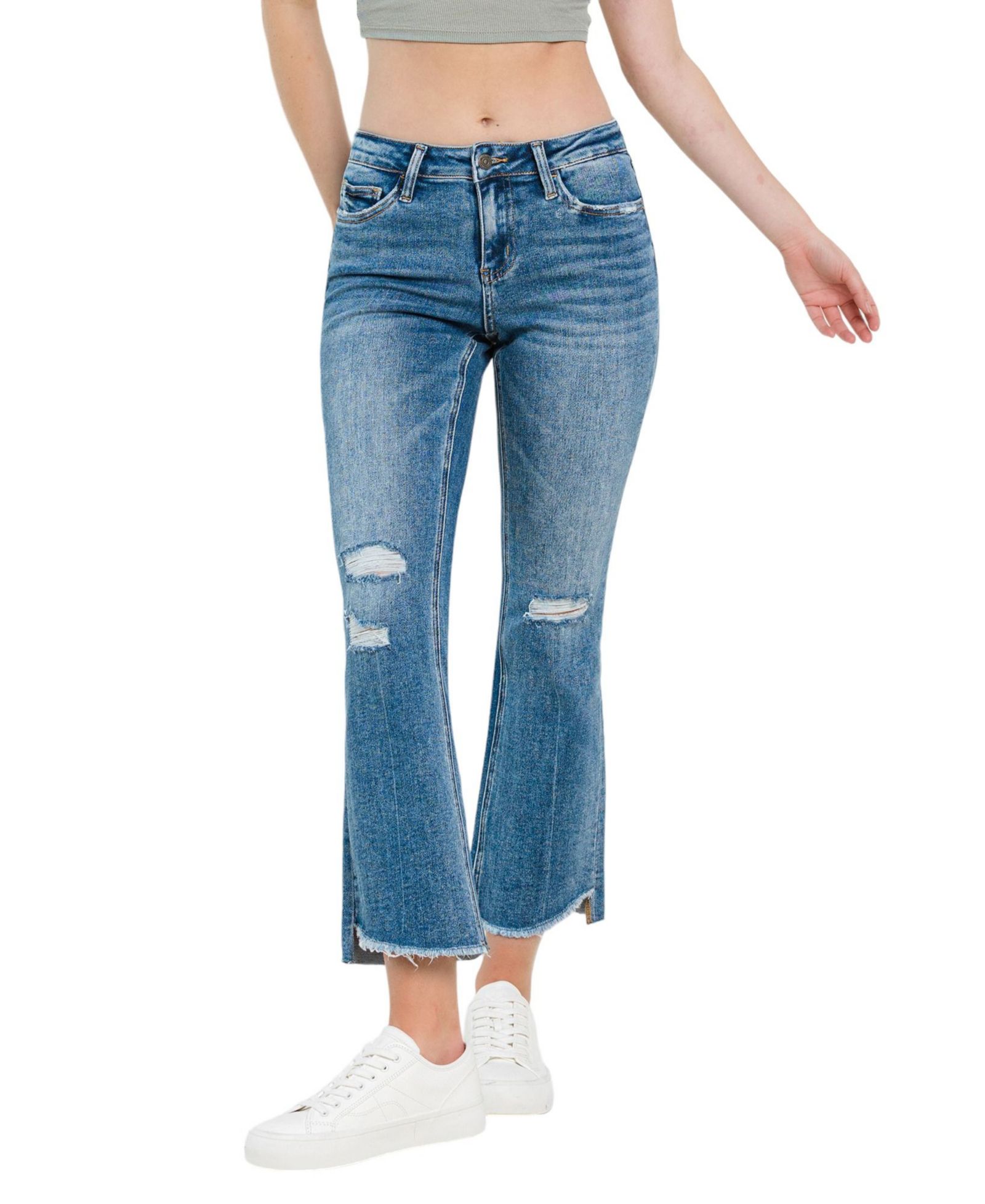 Vervet Women's Mid Rise Uneven Hem Ankle Kick Flare Jeans
