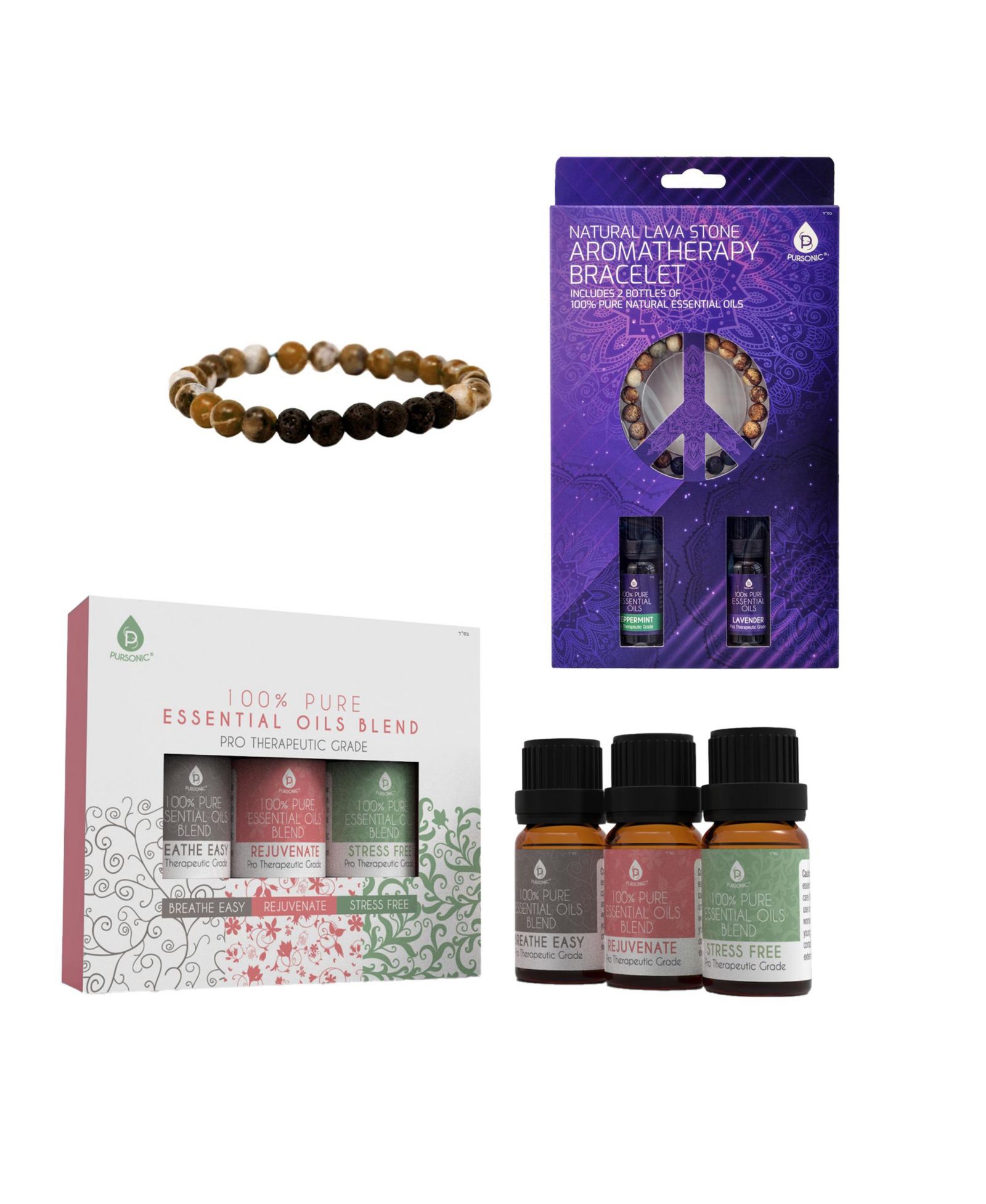 Pursonic Aromatherapy Bliss Bundle: Lava Stone Bracelet + Pure Essential Oils.