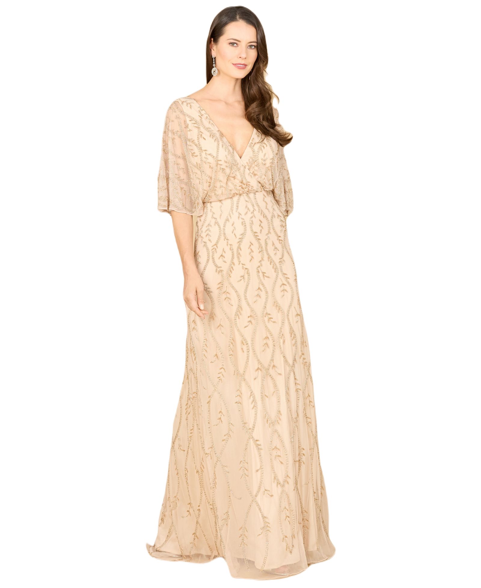Women's Illusion Cape Sleeve Beaded Gown