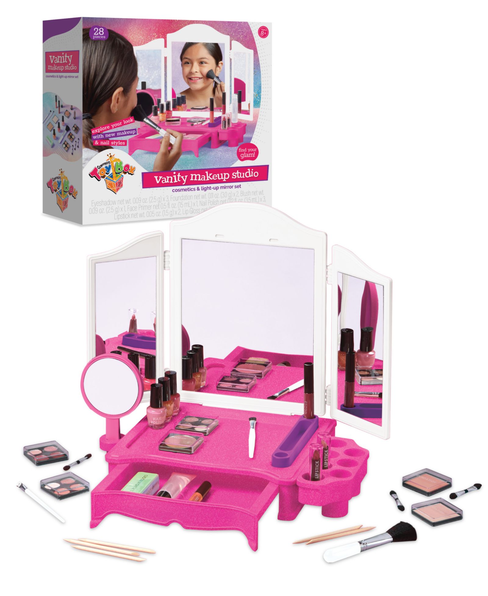 Geoffrey's Toy Box LED-Lit Tri-Panel Mirror 28-Piece Vanity Makeup Set, Ages 8+, Created for Macy's
