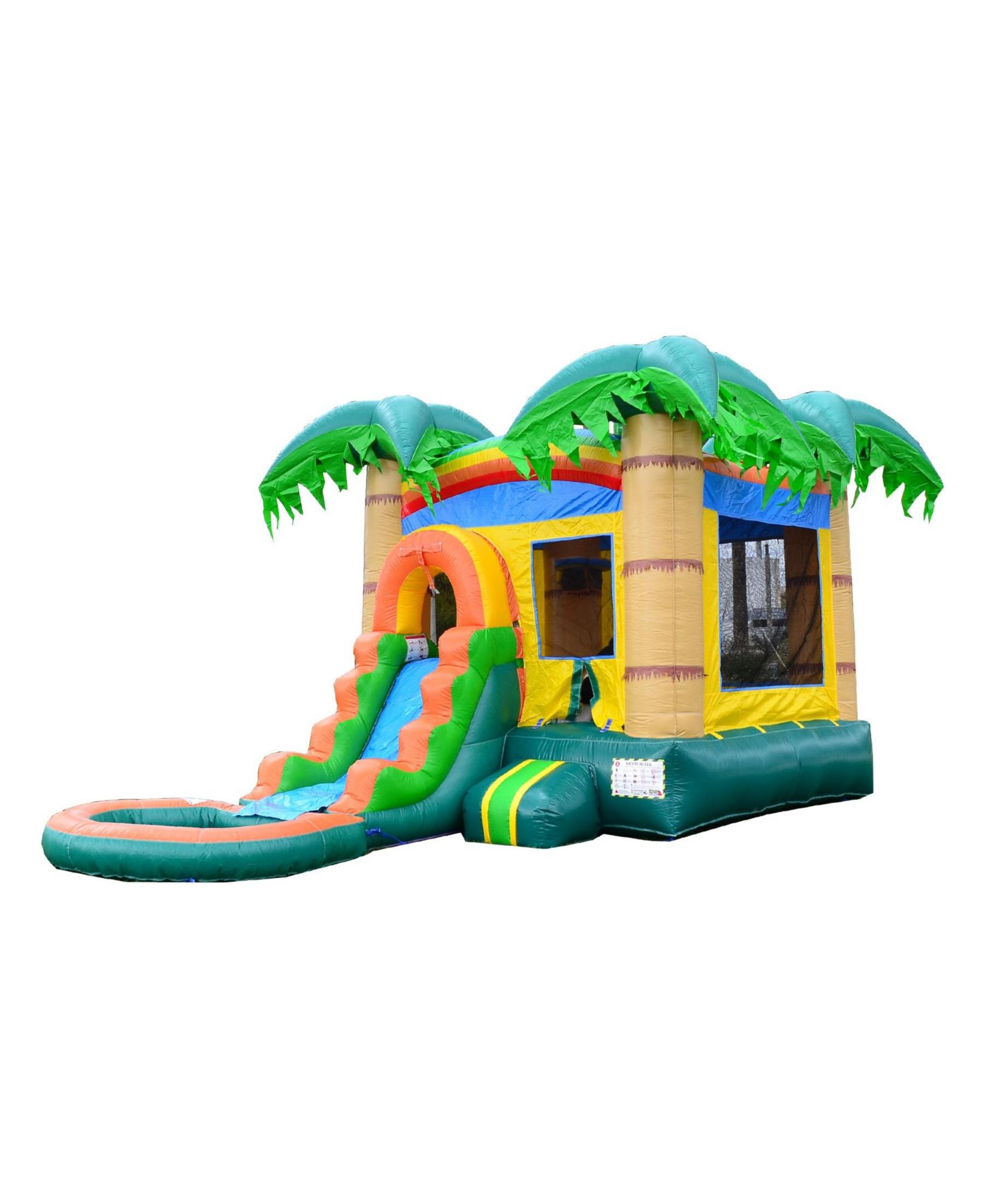 HERO Kiddo Tropical Breeze bounce house with water slide, splash pool, blower & hoop-wet/dry indoor outdoor fun for kids and adults.