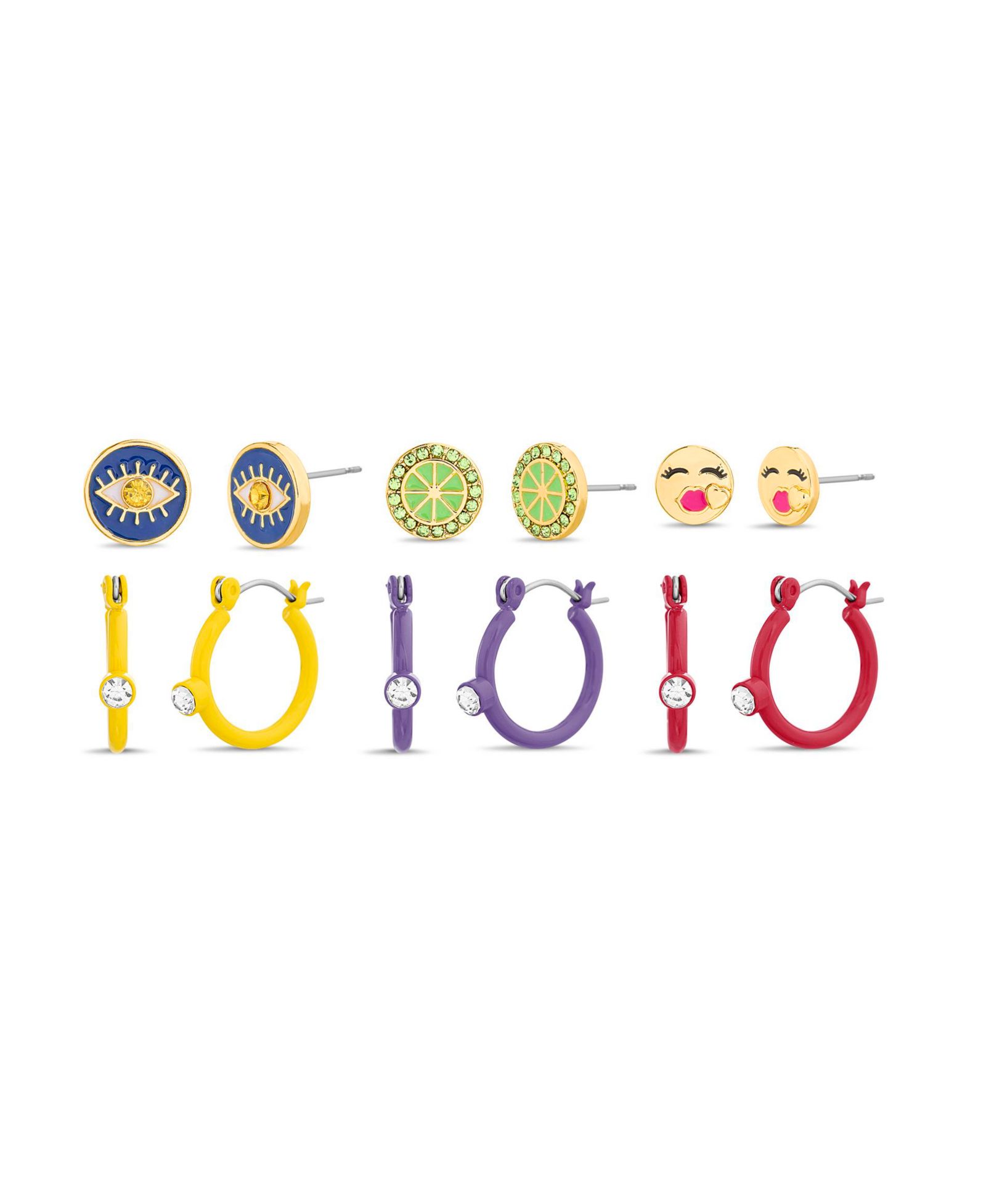 kensie 6 Piece Mixed Cubic Zirconia Evil Eye, Lime and Kiss Emoji Stud and Hoop Earring Set