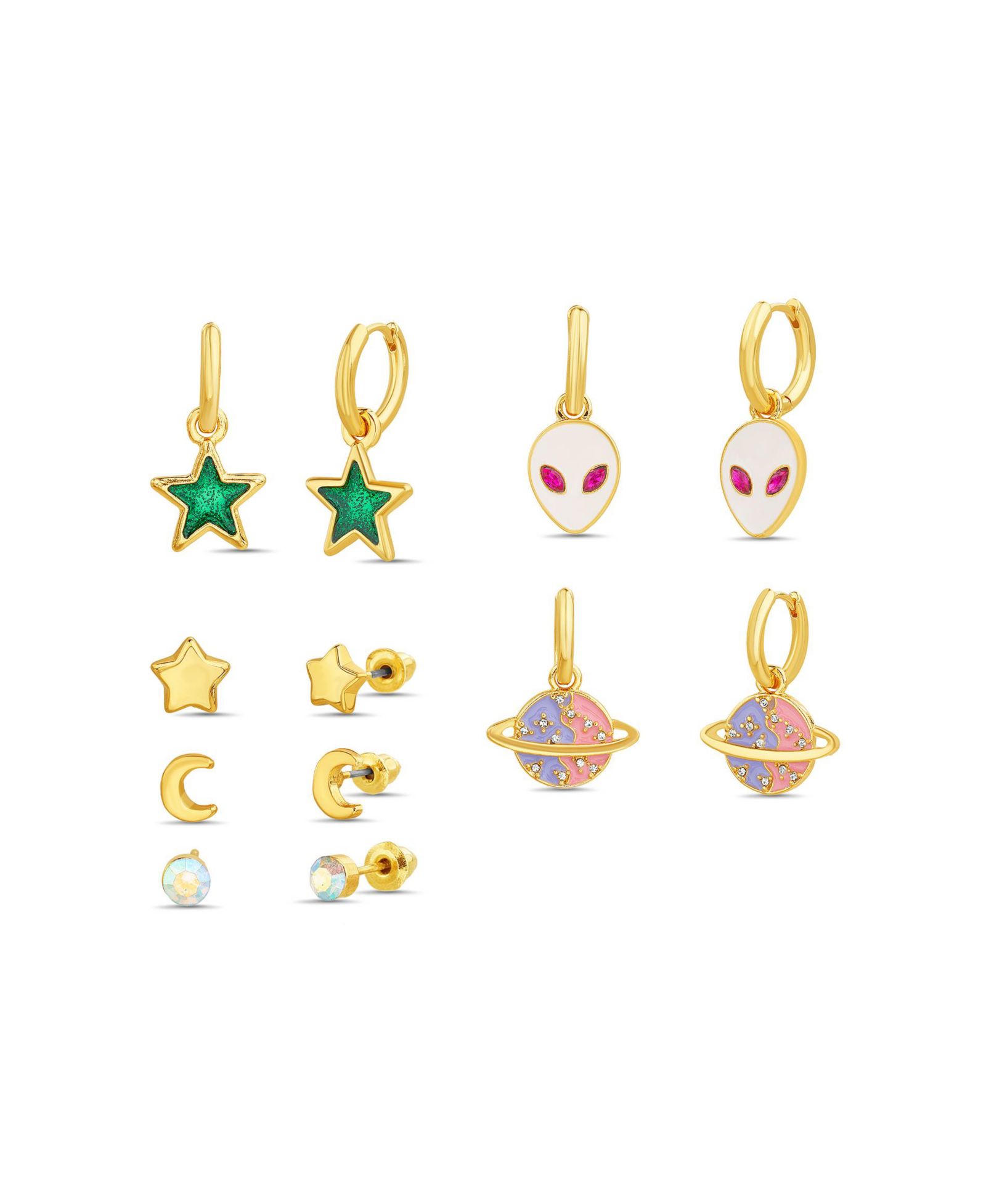kensie 6 Piece Crescent Moon, Star, Alien and Planet Stud and Drop Earring Set