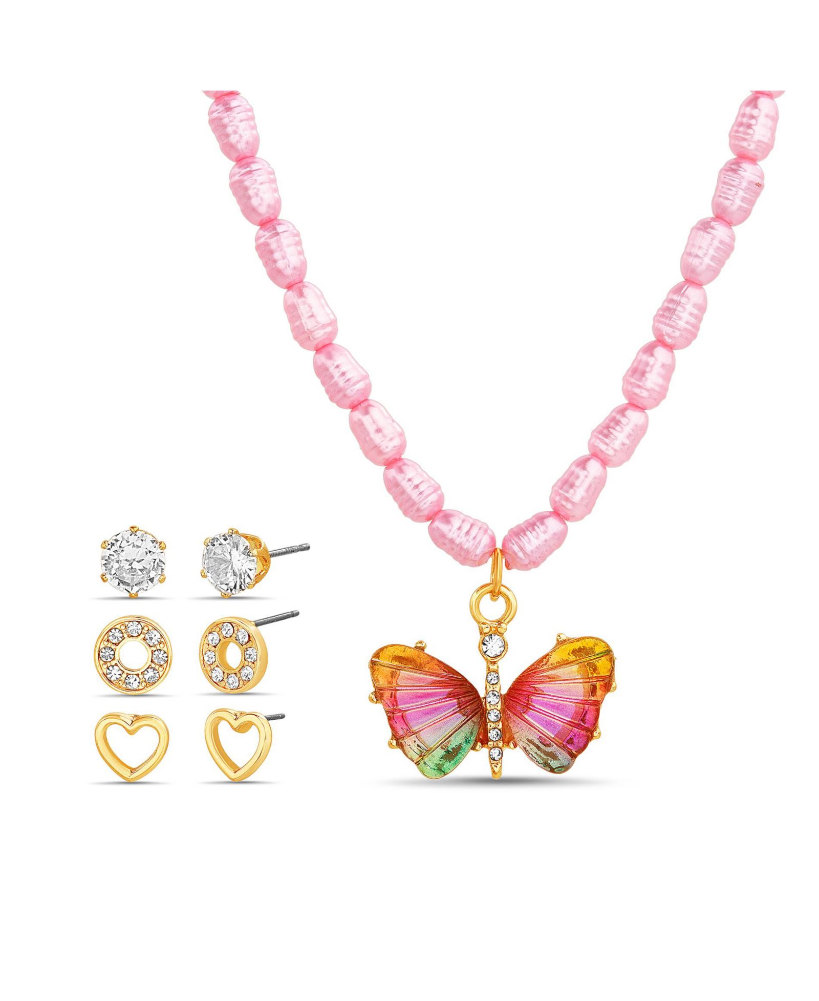 kensie 3 Piece Mixed Earring Set with Pearl Butterfly Pendant Necklace
