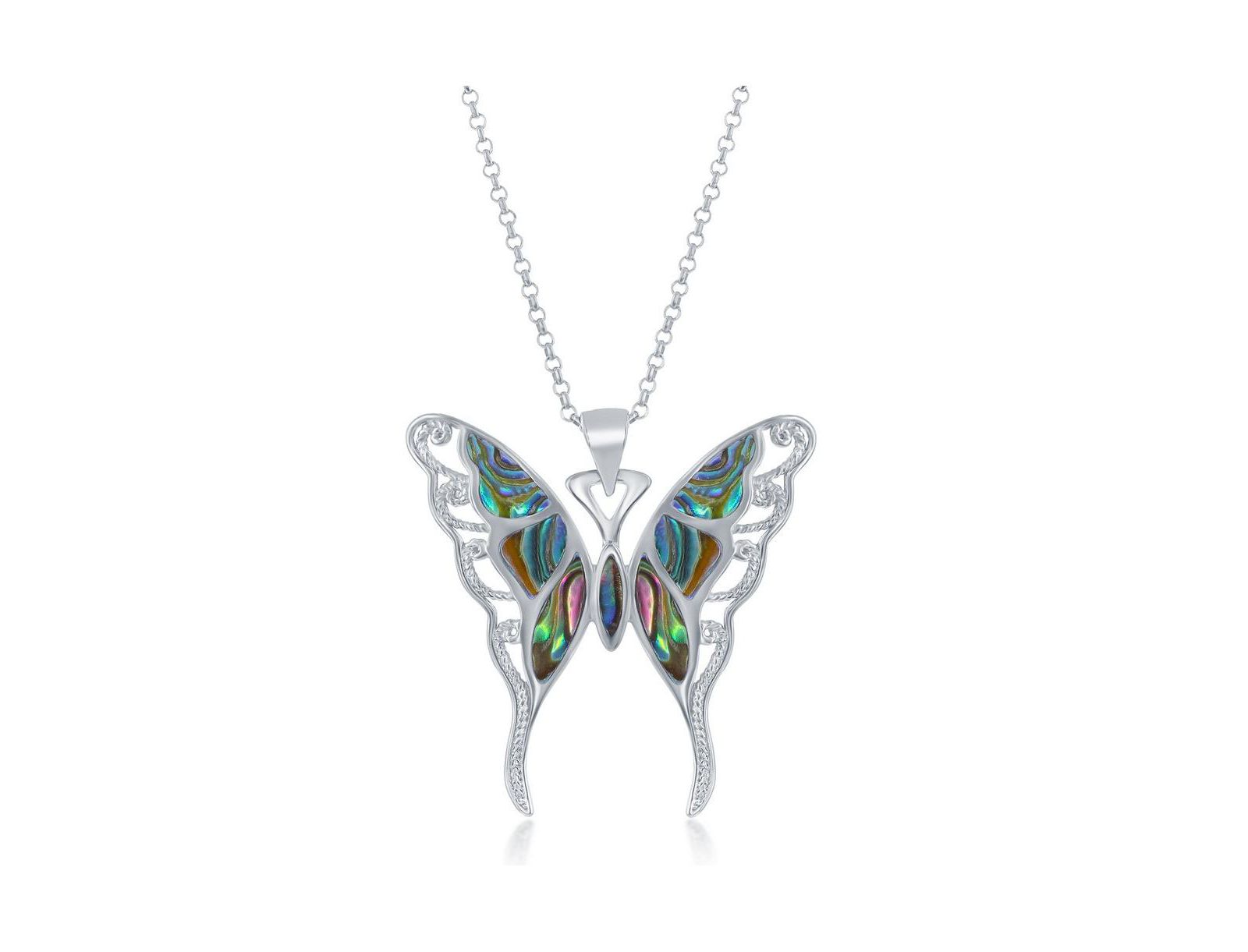 Sterling Silver Large Abalone Butterfly Pendant Necklace