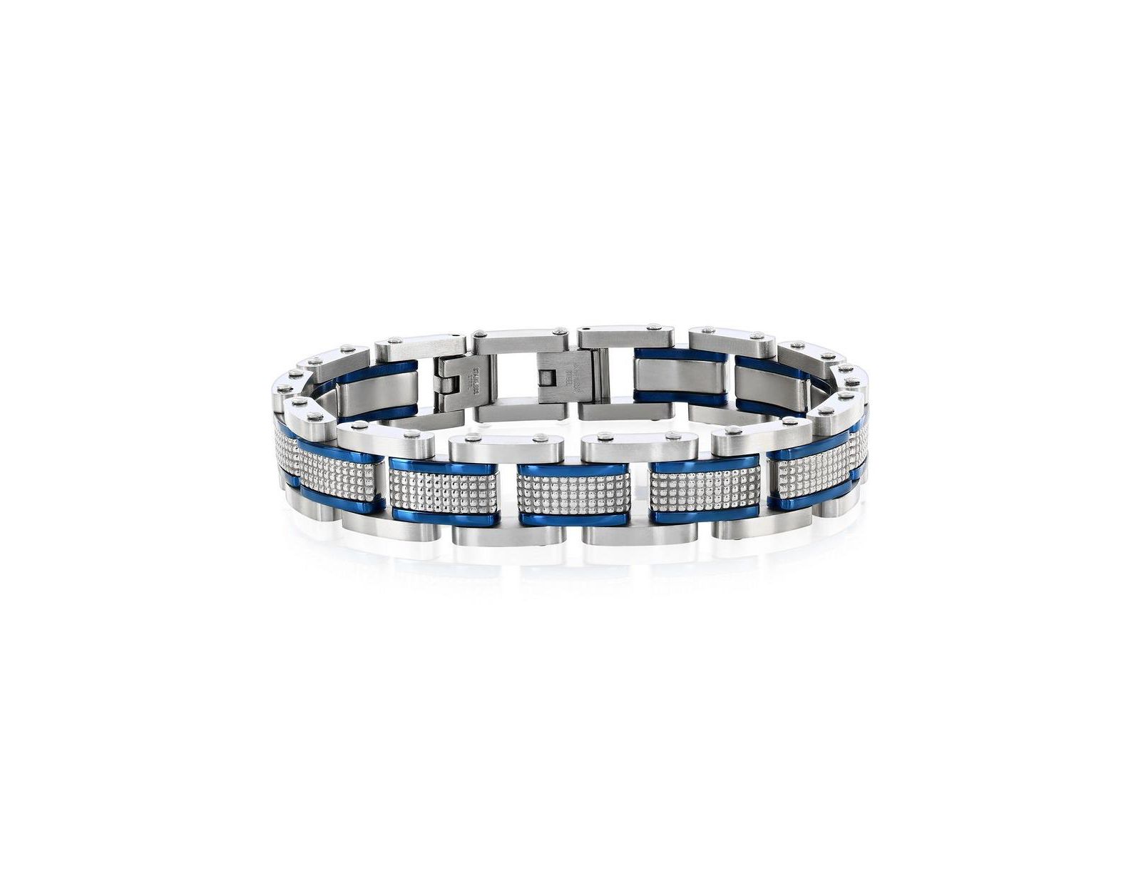 Metallo Stainless Steel Textured Blue and Silver Link Bracelet