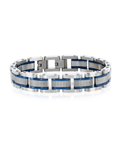 Metallo Stainless Steel Textured Blue and Silver Link Bracelet