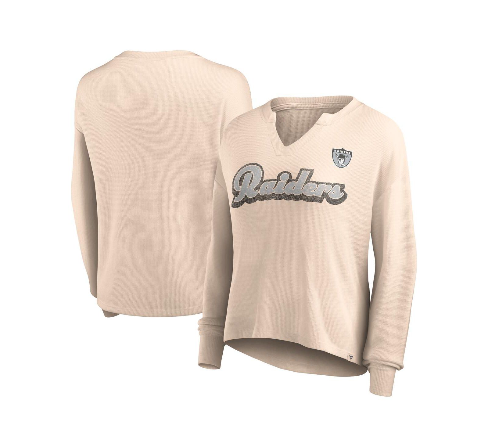 Women's Fanatics Tan Distressed Las Vegas Raiders Go For It Notch Neck Waffle Knit Lightweight Long Sleeve T-shirt