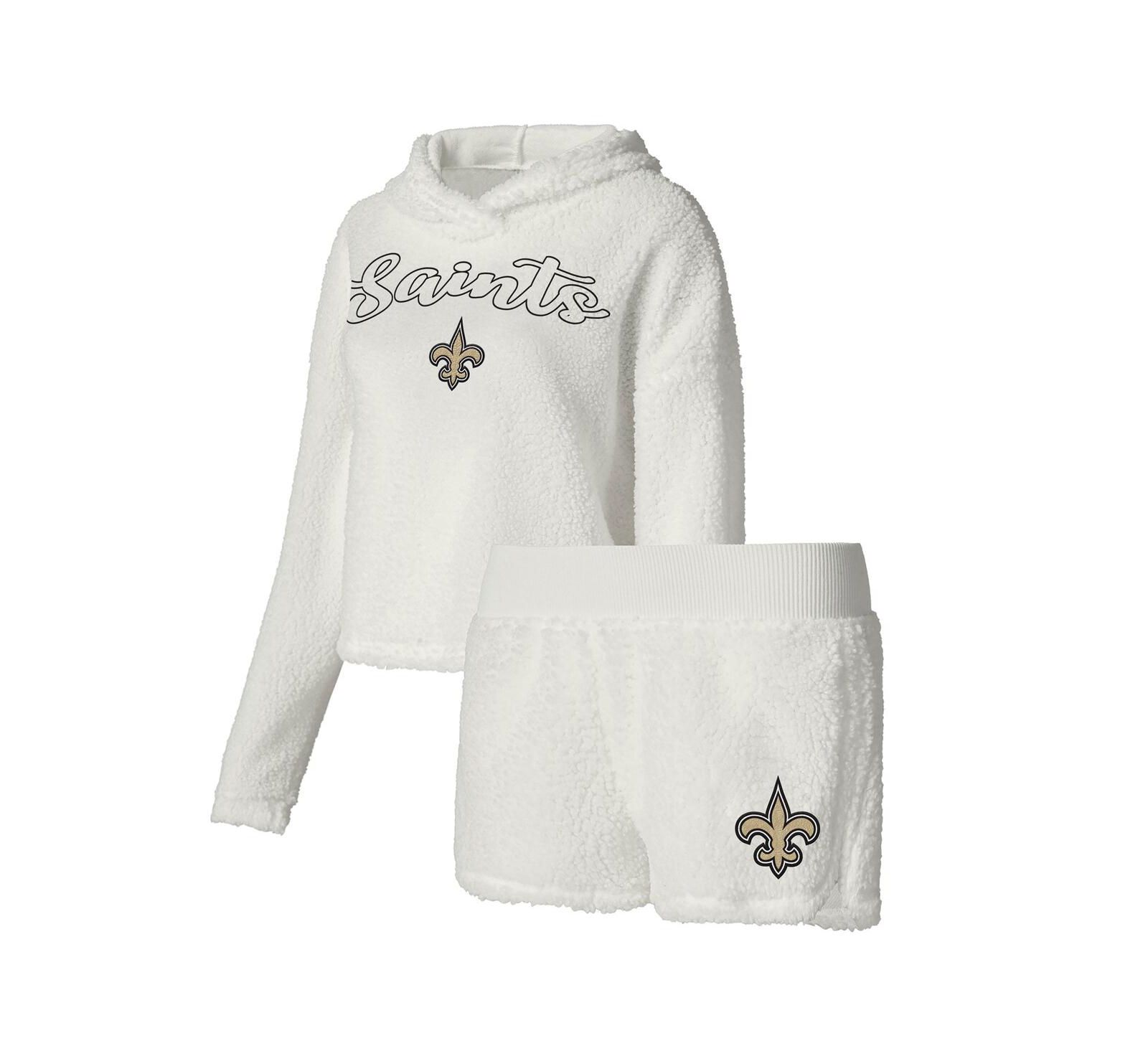 Women's Concepts Sport White New Orleans Saints Fluffy Pullover Sweatshirt and Shorts Sleep Set