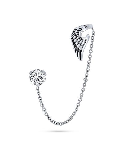 Bling Jewelry Guardian Angel Wing 1 Cartilage Ear Cuff Chain CZ Stud Earring Silver Tone
