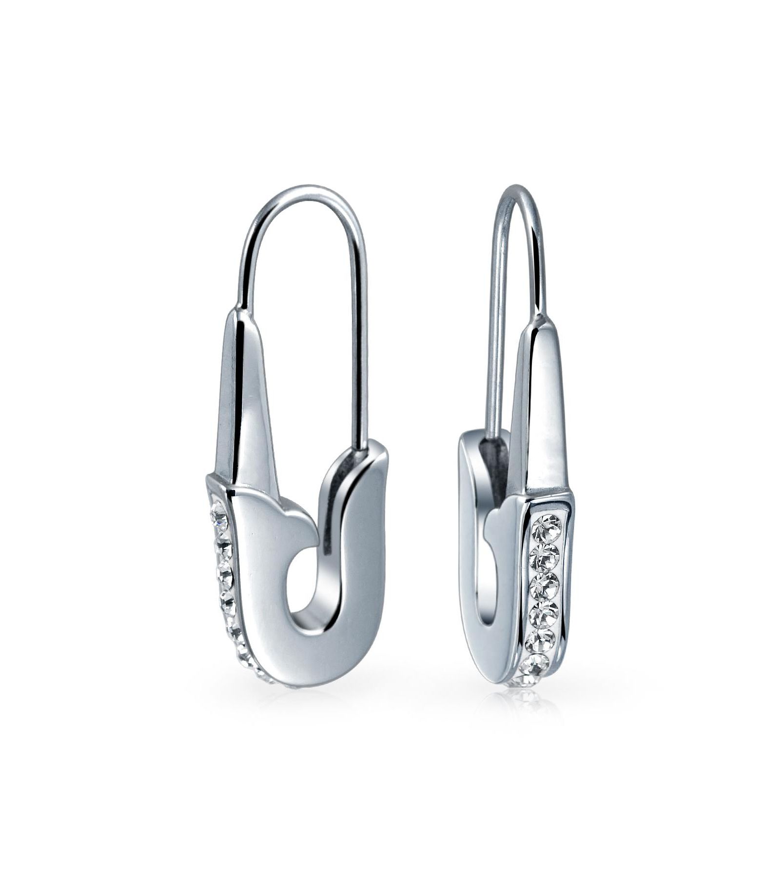 Bling Jewelry Safety Pin Threader Earrings Crystal Accent Silver Tone Stainless Steel