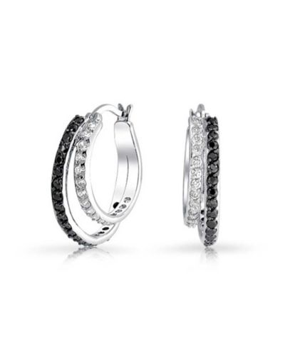 Серьги Bling Jewelry Elegant Black and White CZ Pave 2-Tone Double Hoop Silver Plated