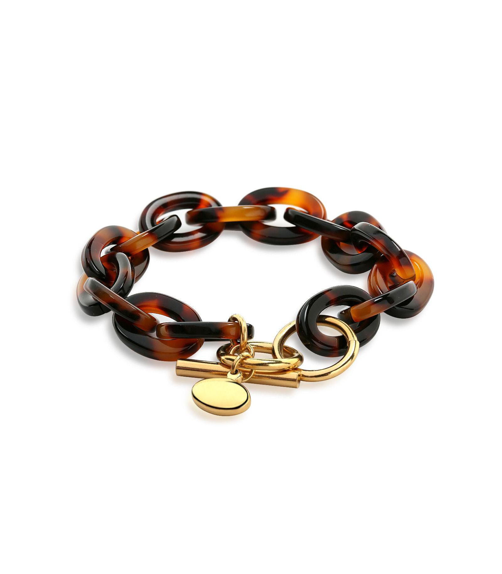 Bling Jewelry Fashion Brown Acrylic Leopard Tortoise Shell Oval Link Bracelet Gold Plated