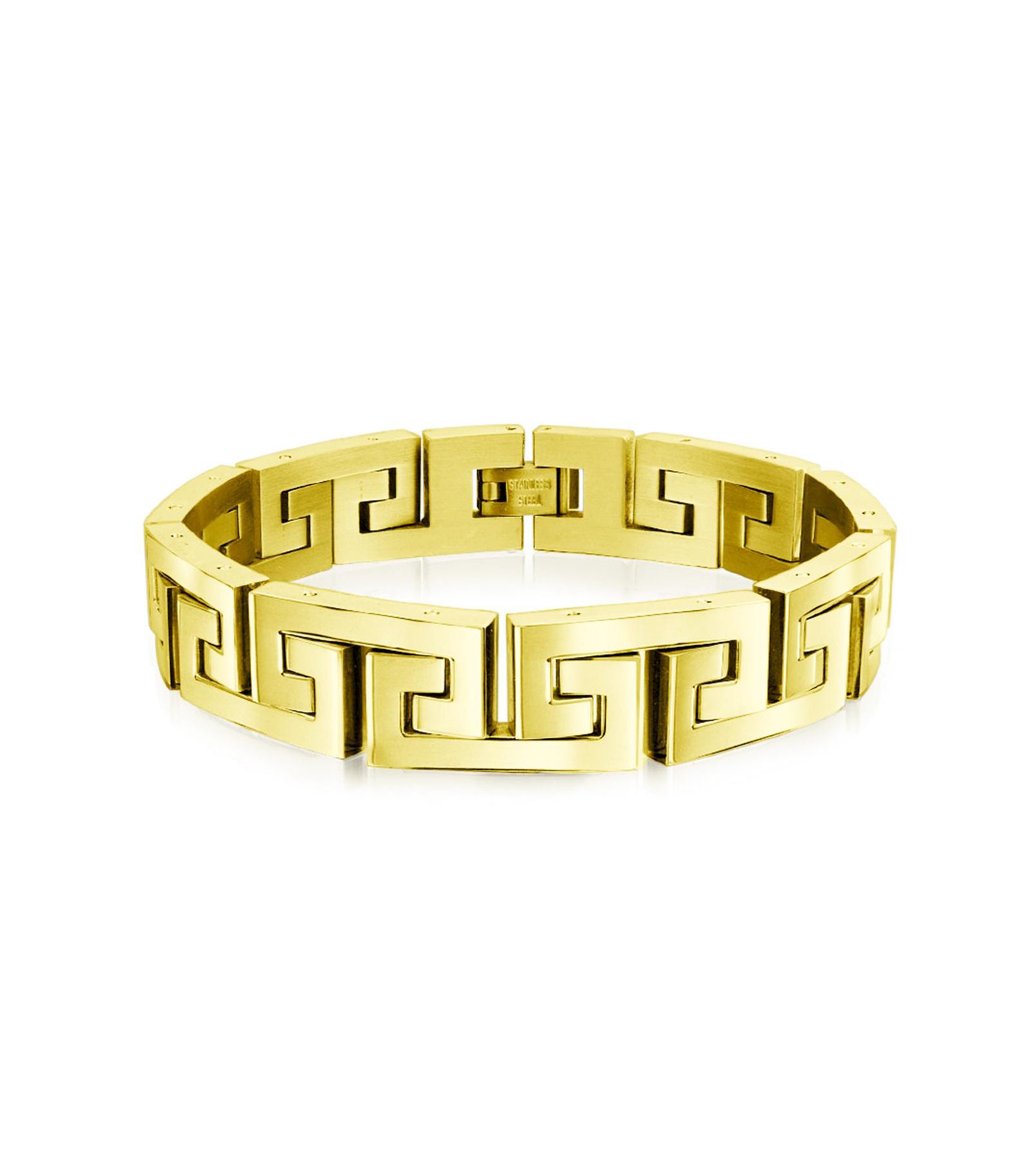 Bling Jewelry Men's Greek Key Link Bracelet Silver Tone Stainless Steel and Wood 8.5 Inch