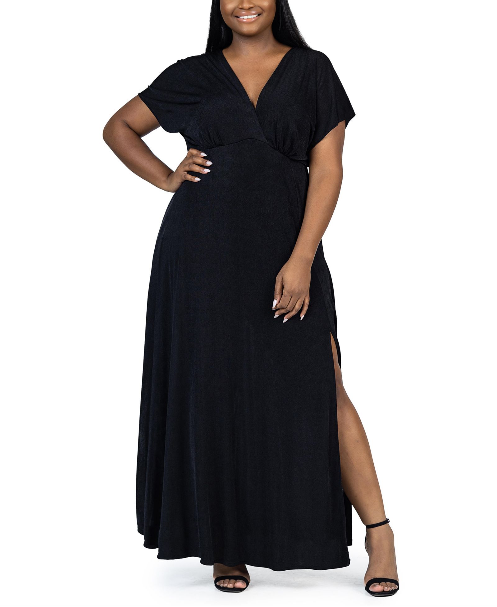 24seven Comfort Apparel Plus Size Front Slit Empire Waist Maxi Dress