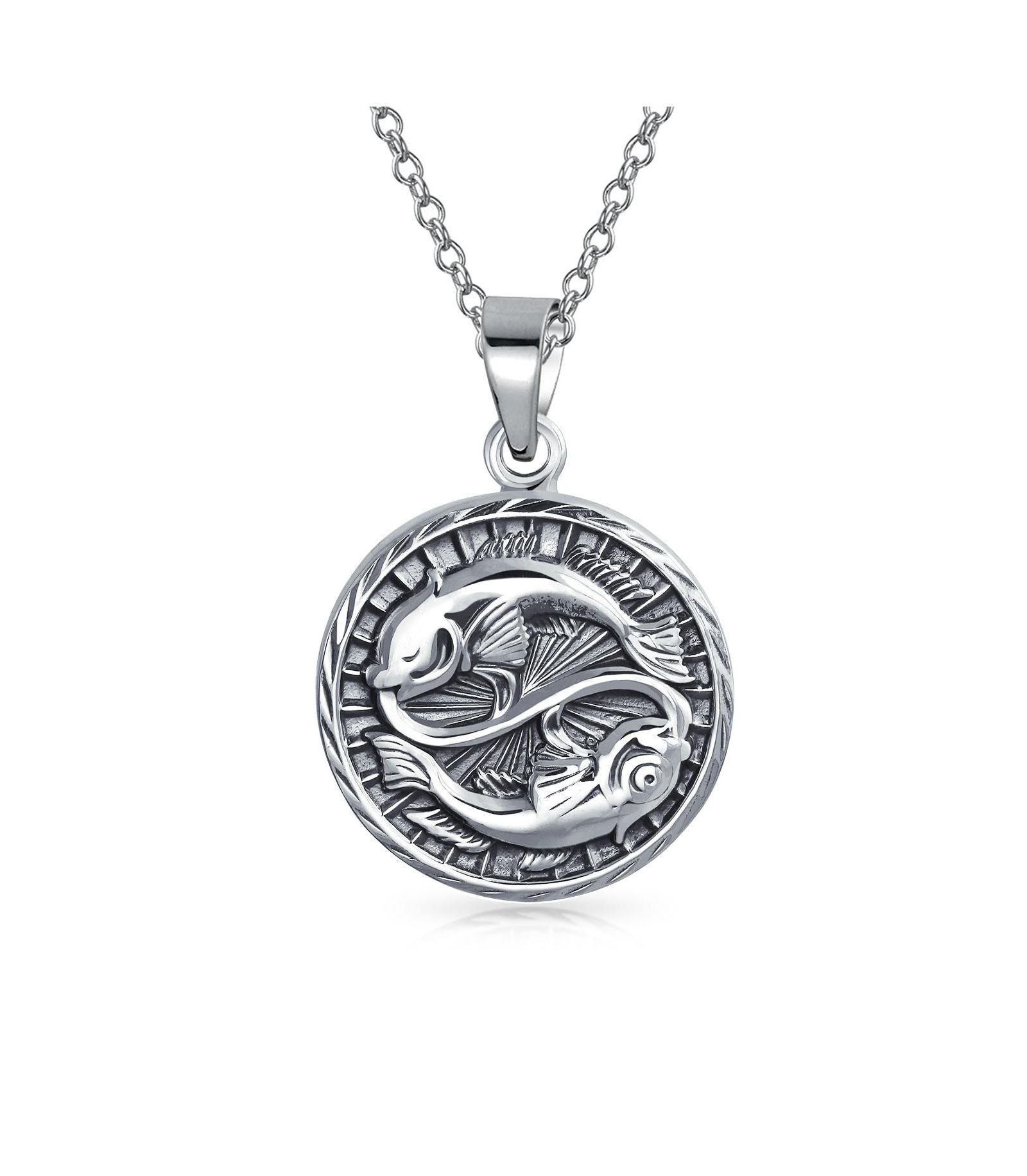 Bling Jewelry Astrology Zodiac Pisces Sign Pendant Round Necklace .925 Sterling Silver
