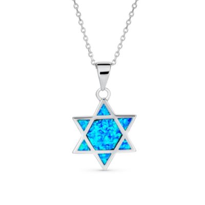 Bling Jewelry Judaic Created Blue Opal Star Of David Pendant Necklace 925 Sterling Silver