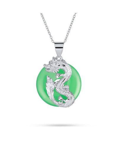 Колье Bling Jewelry с кулоном Dragon из зеленого синтетического нефрита и стерлингового серебра 18 Inch