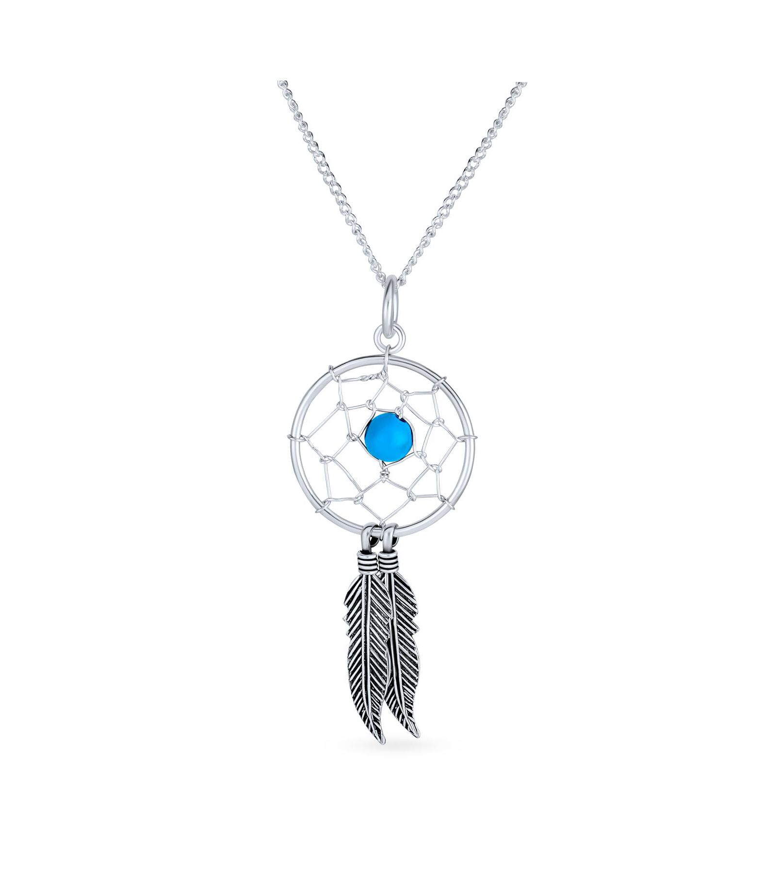 Bling Jewelry Turquoise Feathers Dream Catcher Pendant Necklace .925 Sterling Silver
