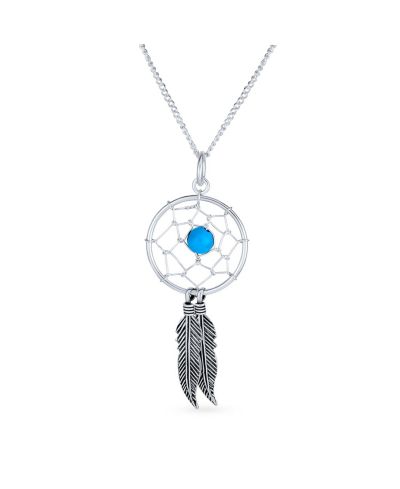 Bling Jewelry Turquoise Feathers Dream Catcher Pendant Necklace .925 Sterling Silver