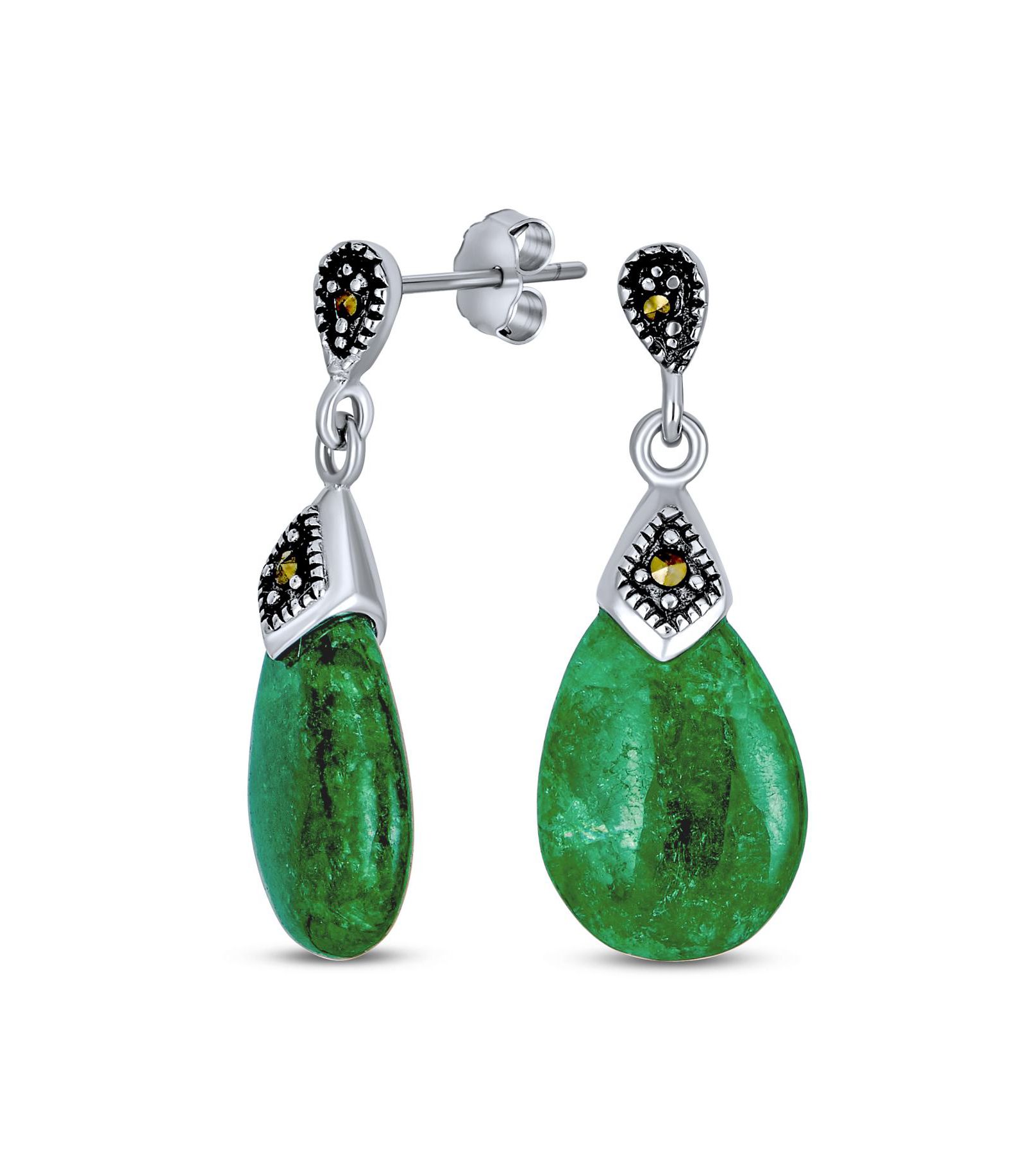 Bling Jewelry Bali Style Green Jade Teardrop Dangle Earrings Marcasite Sterling Silver