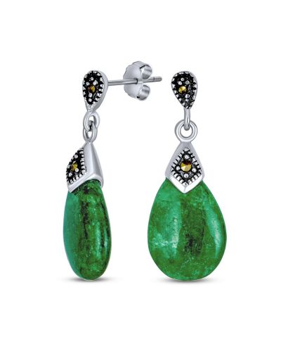 Bling Jewelry Bali Style Green Jade Teardrop Dangle Earrings Marcasite Sterling Silver