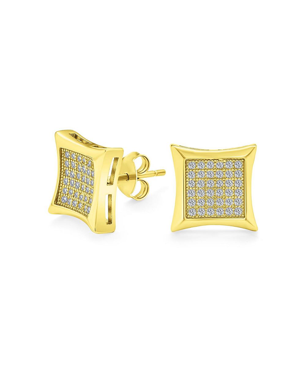 Bling Jewelry Серьги-гвоздики Square Shaped Cubic Zirconia Micro Pave CZ Kite Gold Plated Sterling Silver