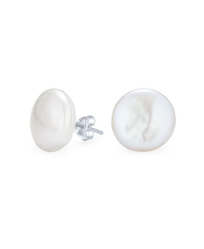 Bling Jewelry White Biwa Baroque Irregular Round Coin Pearl Stud Earrings Sterling Silver