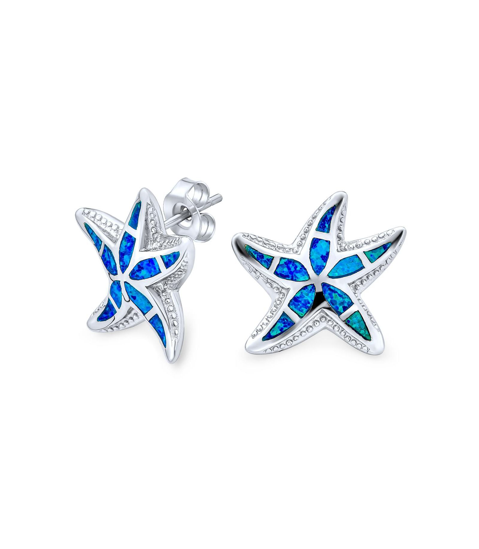 Bling Jewelry Nautical Created Blue Opal Starfish Stud Earrings .925 Sterling Silver