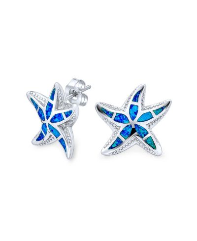 Bling Jewelry Nautical Created Blue Opal Starfish Stud Earrings .925 Sterling Silver